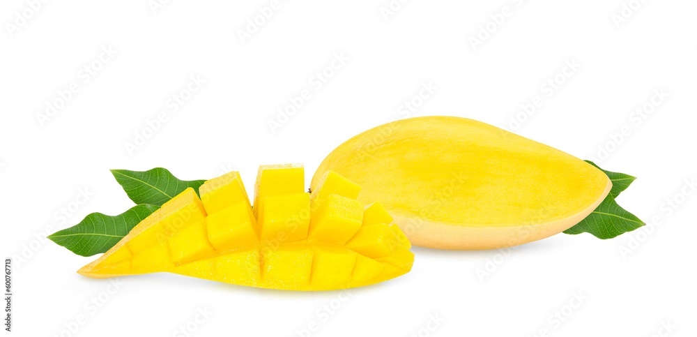 Mango fruits with slices and leaves isolated on white background. Mango fruits with slices and leaves isolated on white background.