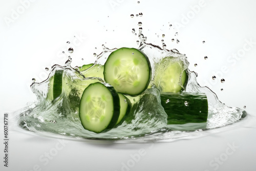 Fresh cucumber slices and splashes of water on a white background. AI generative.