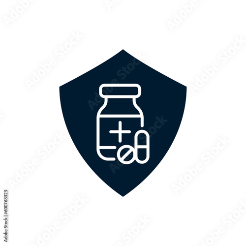 Medical pills with shield. Medicine protection flat icon isolated on white background. Vector illustration