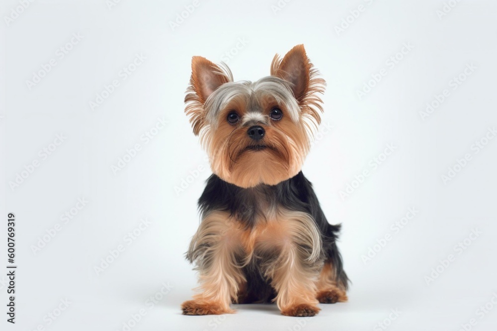 A Yorkie seated on a white background. Generative AI