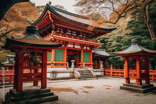 A serene Japanese temple with a red torii gate, representing spirituality and peace through Japanese practices. Generative AI