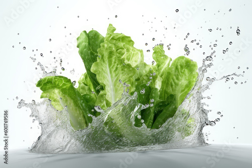 Green lettuce and splashes of water on a white background. AI generative.