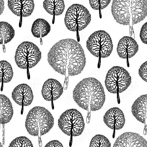 Seamless pattern with black trees silhouettes isolated on white background in doodle style. Vector design for create textile, wallpaper, wall panel, poster, bedding, organic package, decorations