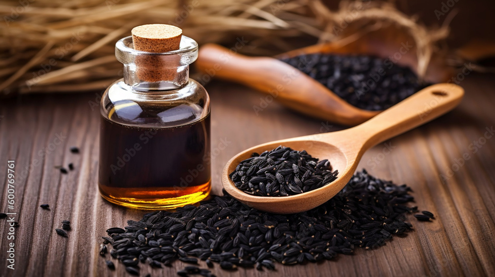glass bottle of black cumin seeds essential oil , black cumin in spoon on wooden background. Generative AI glass bottle of black cumin seeds essential oil , black cumin in spoon on wooden background. Generative AI