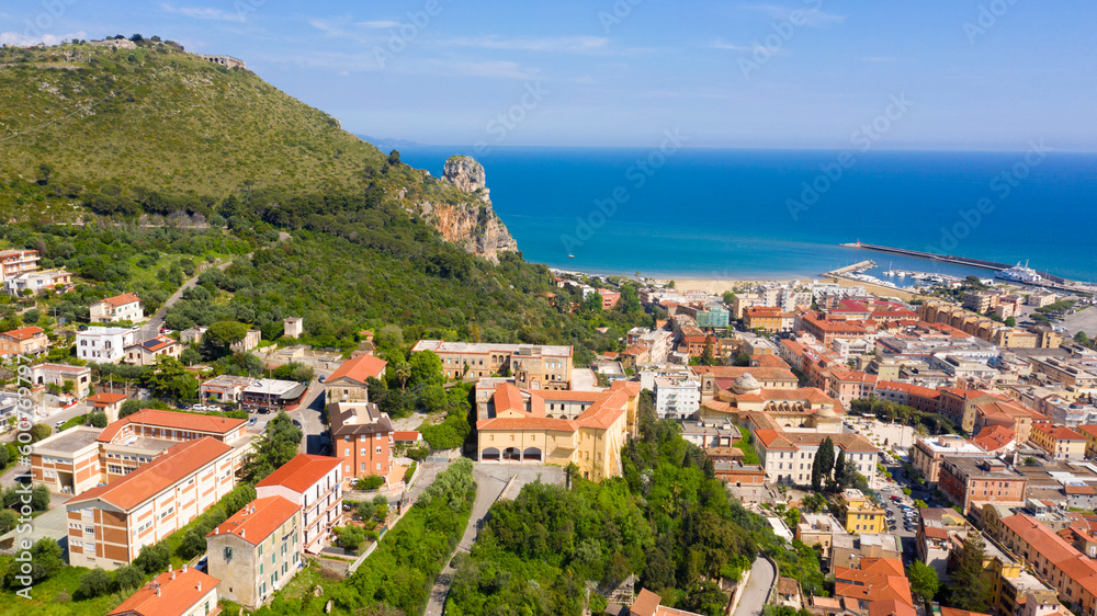 Aerial view of Sant'Angelo mountain and the port of Terracina, near Rome, in the Province of Latina, Italy. In foreground is the town.