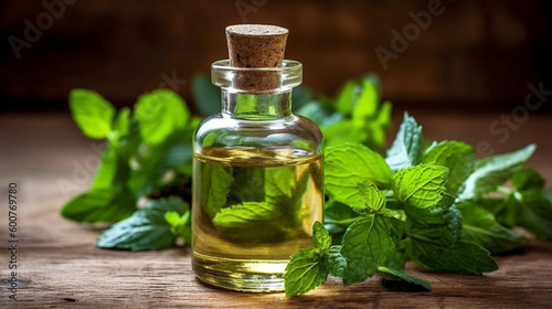 Aroma oil of mint in a glass bottle with mint leaves on a wooden table and a natural green background at the back. Macro. Long format banner. AI generated