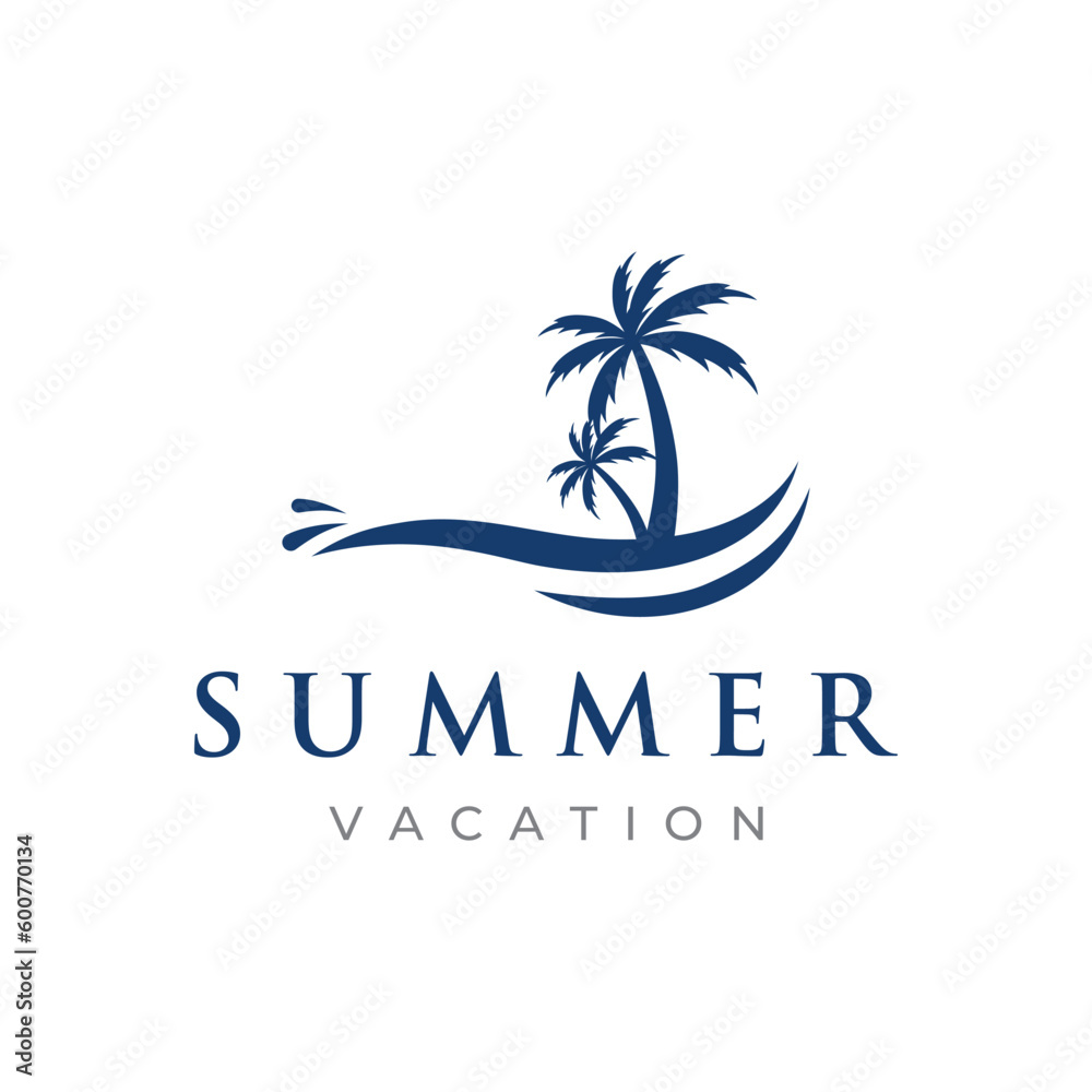 Beach summer vacation creative logo template with waves, palm trees and surf board symbols in retro style.Emblem,label, poster,badge.