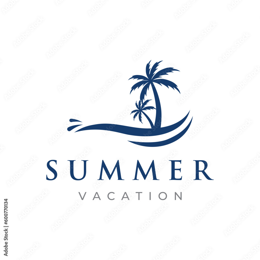 Beach summer vacation creative logo template with waves, palm trees and surf board symbols in retro style.Emblem,label, poster,badge. Beach summer vacation creative logo template with waves, palm trees and surf board symbols in retro style.Emblem,label, poster,badge.