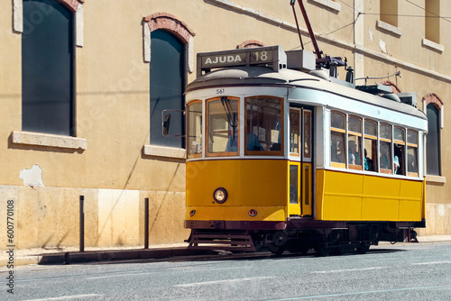 Vintage yellow tram. Ajuda, Lisbon, Porto, Portugal