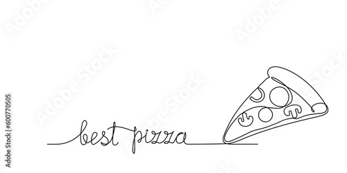 One continuous line drawing of pizza slice and lettering editable stroke. Single line of fast food, street food for restaurant menu, poster, banner simple linear style. Pepperoni sketch illustration