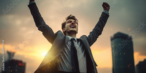 Succesful businessman wears suit, celebrates victory happy smiling, posing with raised fists outdoors at city during sunset.