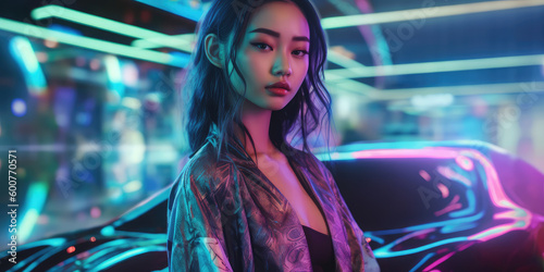 Young asian cyberpunk girl posing leaning on a futuristic car in a bright and purple neon light city street at night. Blurred background.