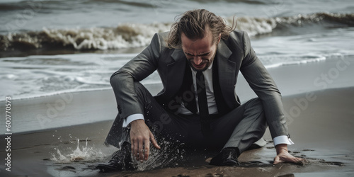 Miserable businessman wears suit, crying sitting on the seashore, completely soaked with water. Bad news, totally sunk in pain and misery. Generative AI image.