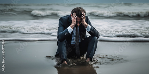 Sad elegant businessman wears suit, crying sitting on the seashore, completely soaked with water. Bankrupt, breakdown. Generative AI image.