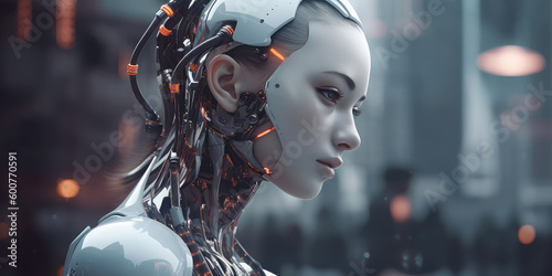 Generative AI image of a white robot woman face. Cyborg, science fiction, technology concept.
