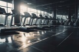 Empty panoramic view of treadmills in fitness center. Generative AI