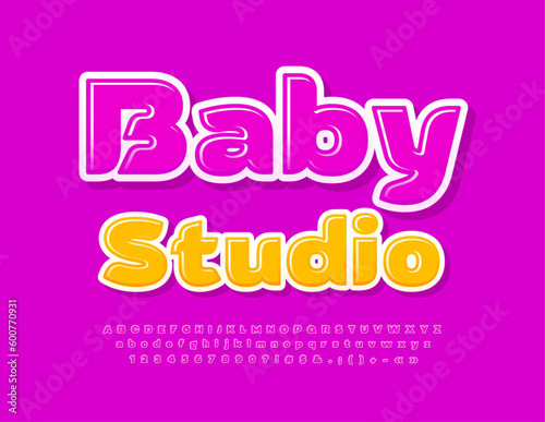 Vector cute Emblem Baby Studio. Pink Glossy Font. Bright Kids Alphabet Letters and Numbers set