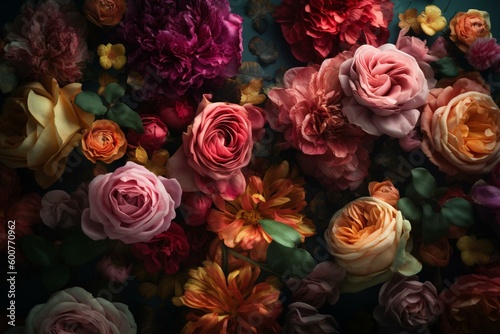 3D rendered floral wallpaper with multicolored flowers featuring pink and yellow roses. Generative AI