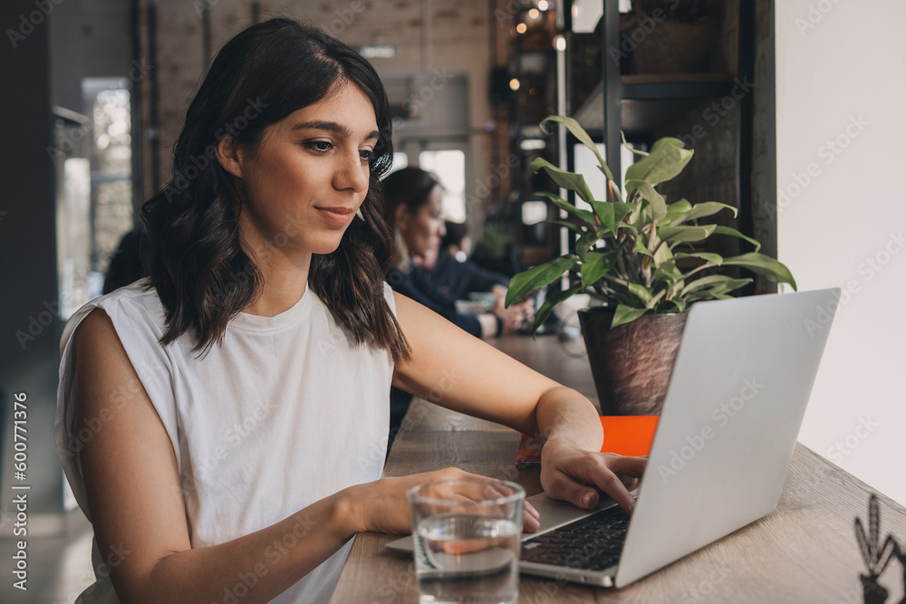 Attractive positive young woman using a laptop in a cafe.Remote work,blogging,business, freelance,e-learning. Attractive positive young woman using a laptop in a cafe.Remote work,blogging,business, freelance,e-learning.