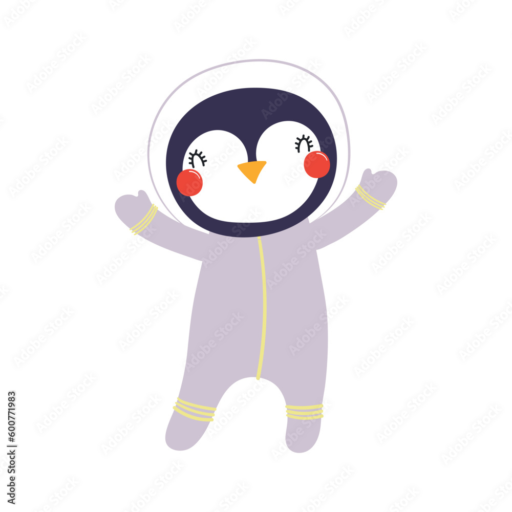 Cute funny penguin astronaut in space suit cartoon character illustration. Hand drawn animal, Scandinavian style flat design, isolated vector. Kids print element, space adventure, travel, science