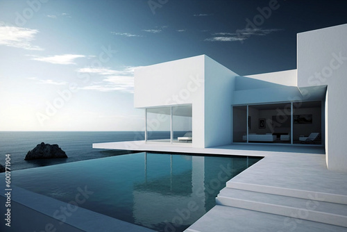 Minimalist contemporary residential villa with modern architecture, swimming pool and sea view. Generative AI illustration