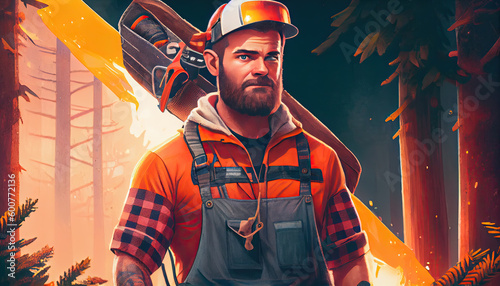 Brutal lumberjack concept. Man in hat and warm jacket looks brutally. Generative AI photo