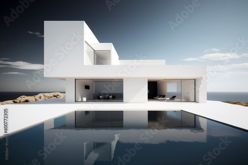 Luxury residential villa with modern architecture, swimming pool and sea view. Generative AI illustration
