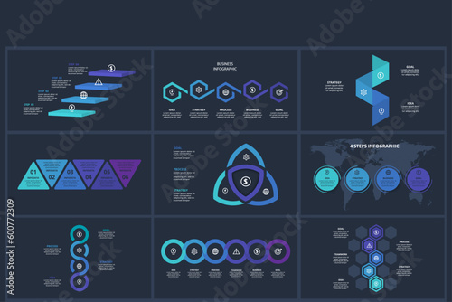 Set abstract dark infographics elements with 3, 4, 5, 6 options, template for web on a black background.
