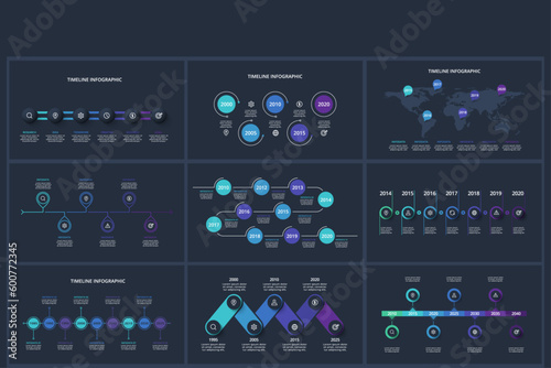 Set timeline dark infographics elements with 5, 6, 7, 9, 10 options, template for web on a black background.