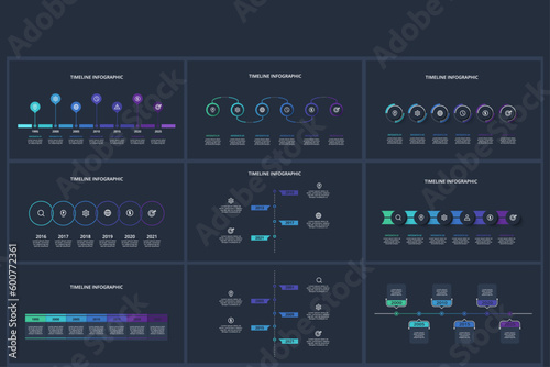 Set timeline dark infographics elements with 4, 5, 6, 7 options, template for web on a black background.