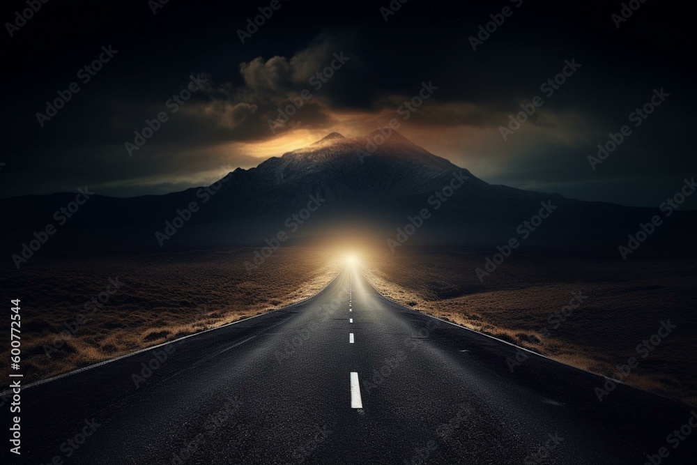 Illustration of road to eternal horizon, symbolizing adventure to unknown, glowing with light. Generative AI