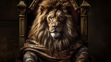 Royal lion wears king costume sitting on a throne closeup. Generative AI