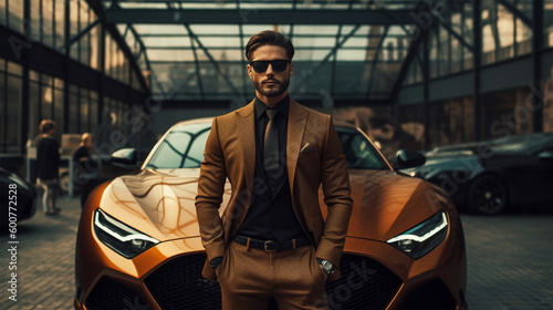 A rich guy in formal business suit which is standing in front of a supercar, successful businessman concept, Brutal man, Generative Ai © Руслан Хайруллин