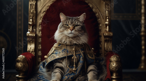 Royal cat sitting on a throne. Generative AI