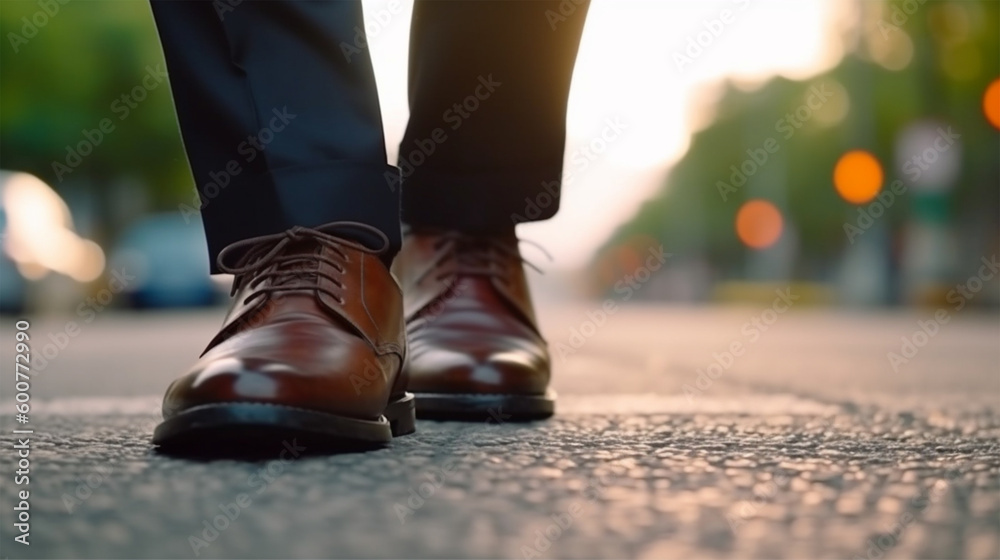 businessman walk on road and start to success, close up shoes walking, goal and target concept , Generative AI.