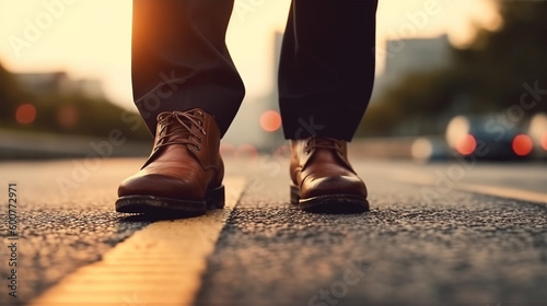 businessman walk on road and start to success, close up shoes walking, goal and target concept , Generative AI.