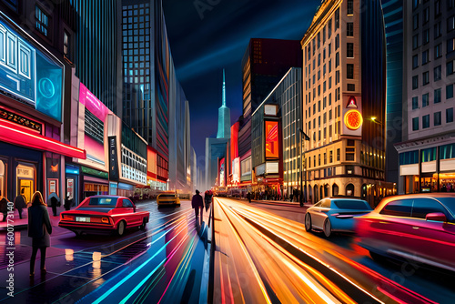 A vibrant, bustling city street at night, with neon lights and a stream of cars and people. 