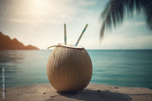 a tropical drink made with coconuts served on a sandy beach. Generative AI photo
