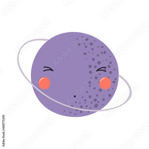 Planet Uranus with kawaii face funny cute cartoon character illustration. Hand drawn Scandinavian style flat design, isolated vector. Kids print element, astronomy, astrology, celestial body, space
