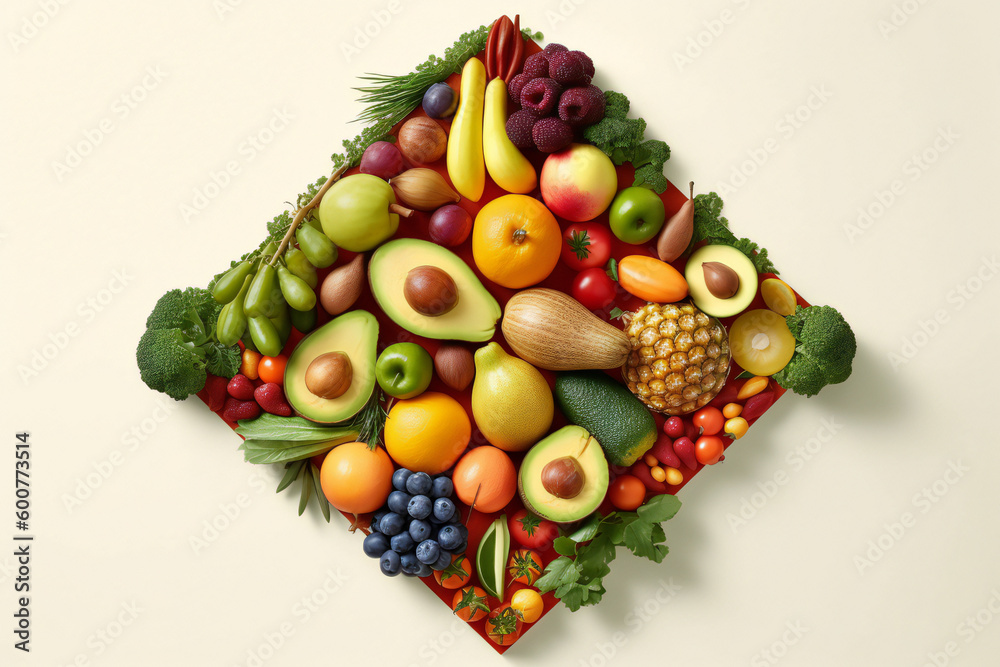 Fruit, vegetables, and herbs are arranged in decorative