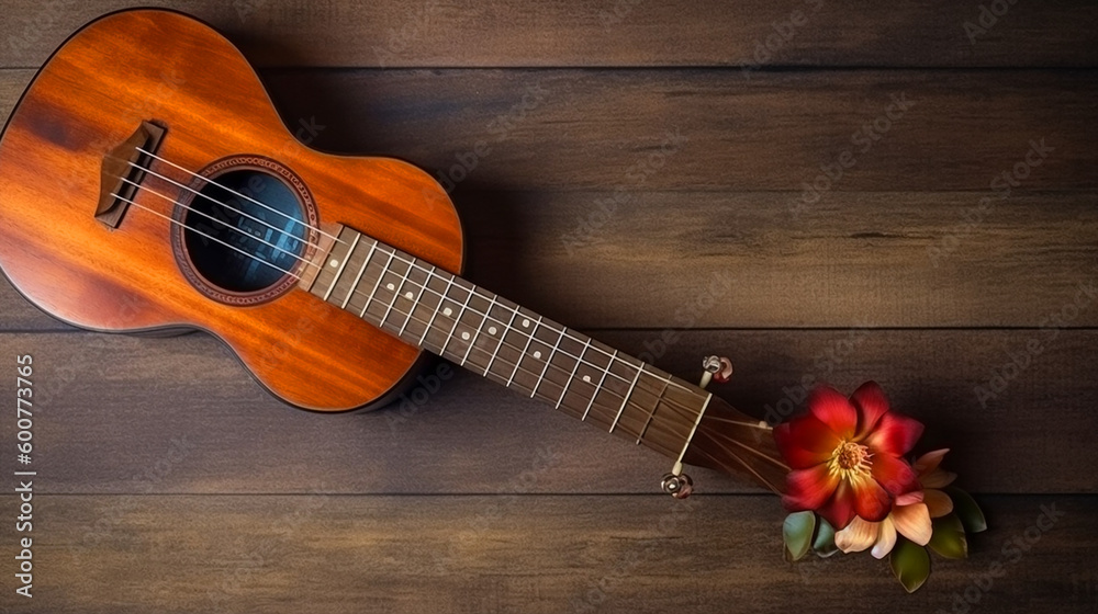 Fototapeta premium guitar on the wooden boards closeup. Generative AI 