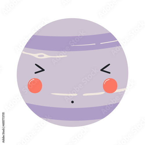 Planet Neptune with kawaii face funny cute cartoon character illustration. Hand drawn Scandinavian style flat design, isolated vector. Kids print element, astronomy, astrology, celestial body, space