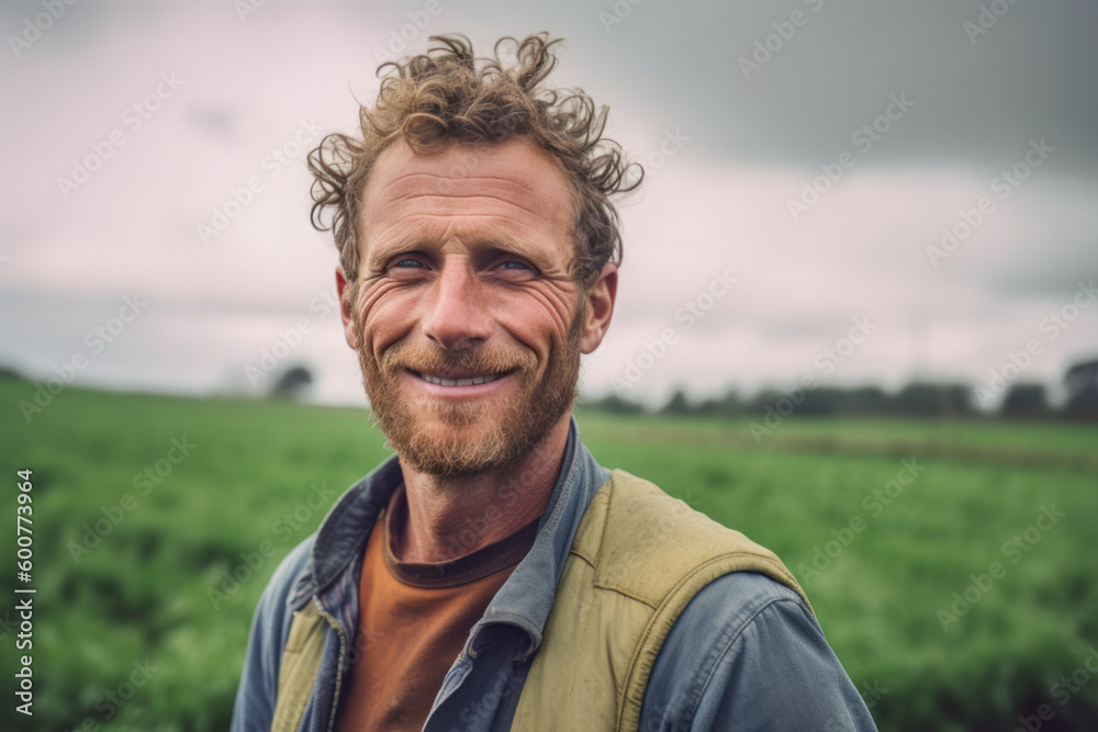 Happy farmer out in the field. Generative AI.