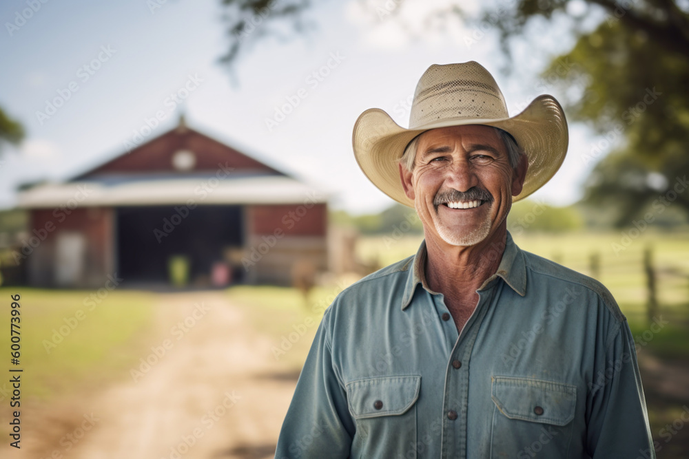 Country farmer wearing hat posing outdoors. Generative AI.