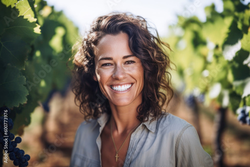 Smiling winemaker standing in a vineyard. Generative AI. photo