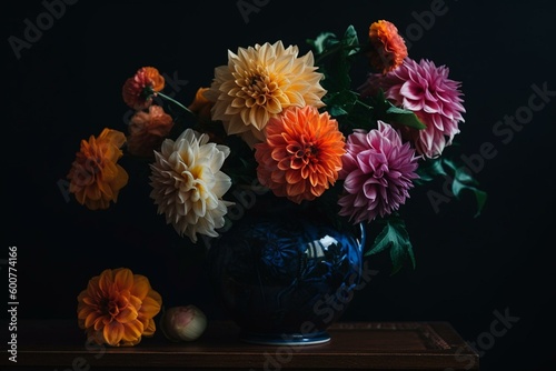 Colorful flowers in a vase on a table with black walls in the background. Generative AI photo