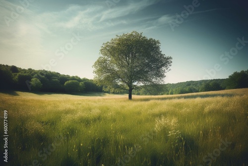Solitary tree in meadow. Generative AI