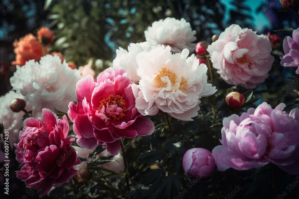 Peonies of different colors in full bloom at the peony garden. Generative AI