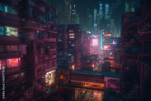 Futuristic urban landscapes with amplified technology, high-rise buildings and neon lights. Generative AI