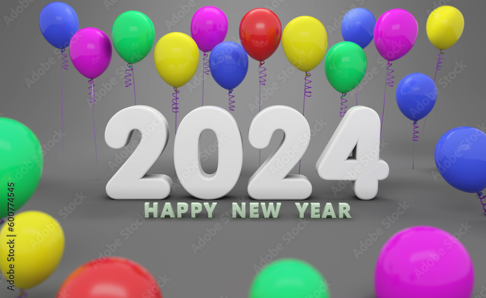 New Year 2024 Creative Design Concept with balloons - 3D Rendered Image	
